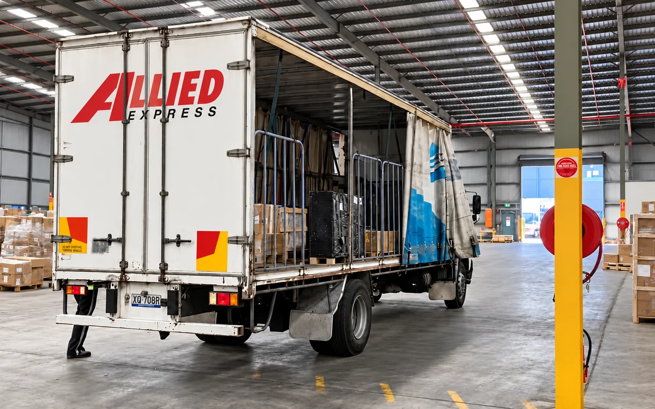 Allied Express truck collecting freight inside the Super Cargo Logistics warehouse