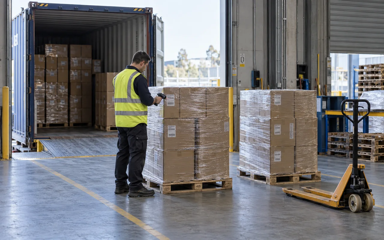 Container receiving and cargo scanning inside a warehouse, illustrative scene