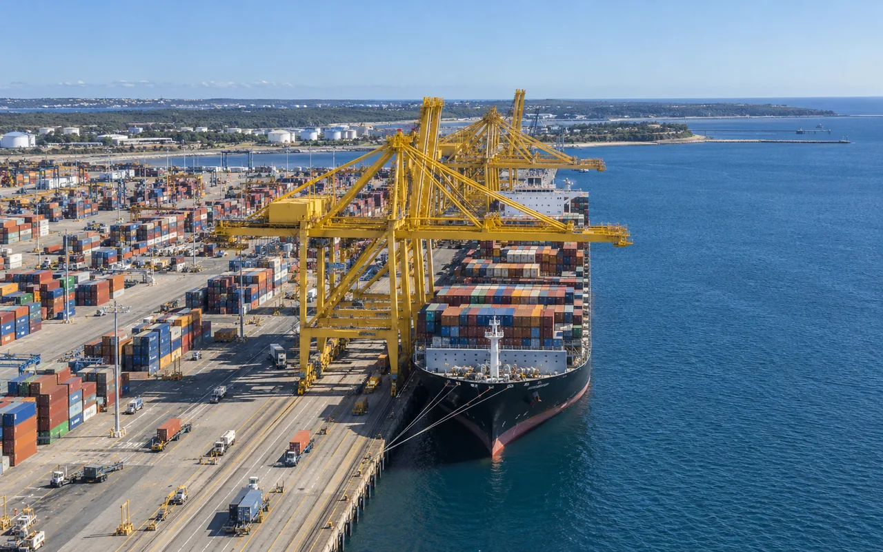 Container ship and yellow gantry cranes at a Sydney Port Botany-inspired terminal