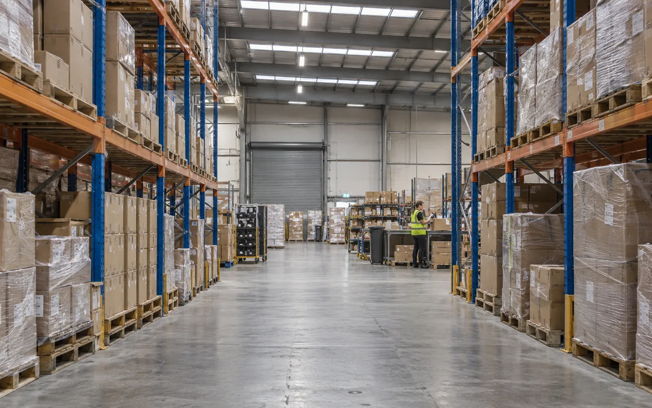 Pallet racks and order preparation inside a logistics warehouse